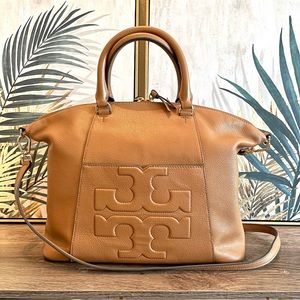 TORY BURCH Bombe 'T' Medium Slouchy Leather Satchel Bag , Moose Brown EUC